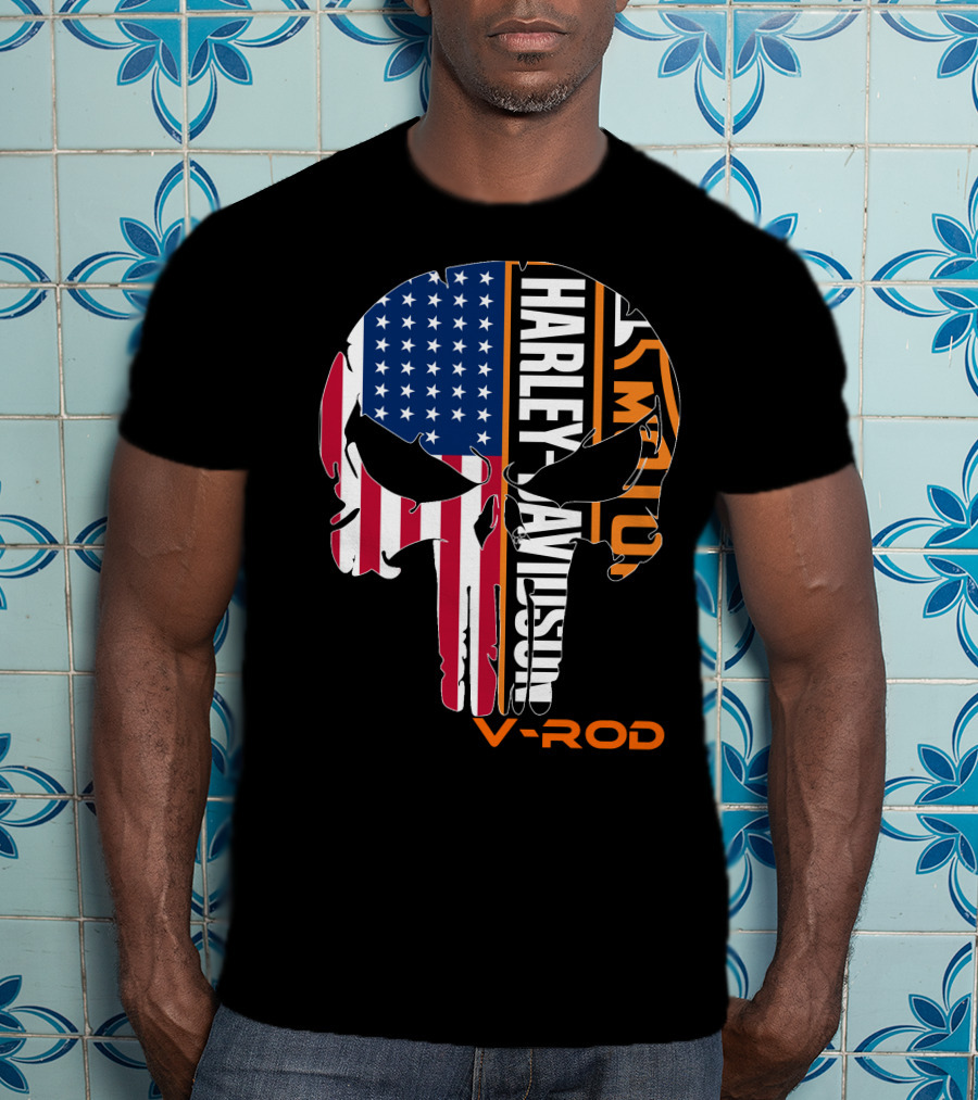 V-Rod Harley Davidson American Flag Skull T-Shirt