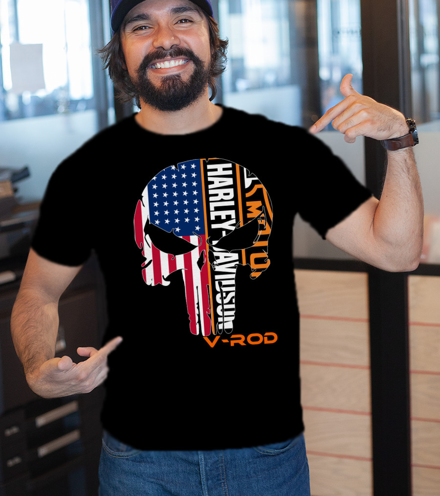 V-Rod Harley Davidson American Flag Skull T-Shirt