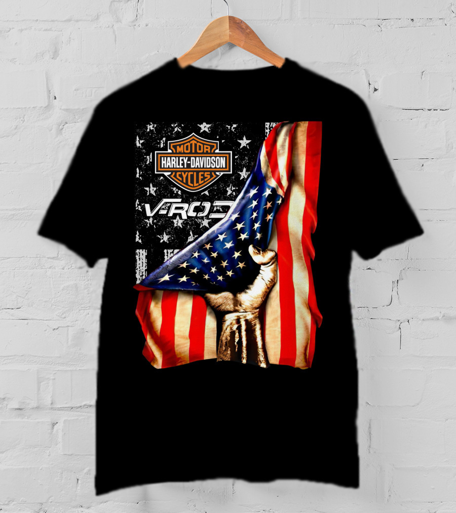 Harley Davidson Motor Cycles Vrod 12 American Flag Fist T-Shirt