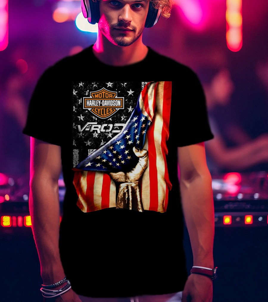Harley Davidson Motor Cycles Vrod 12 American Flag Fist T-Shirt