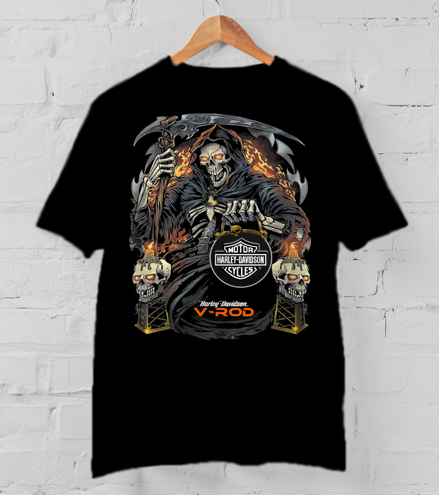 Harley Davidson V-Rod Grim Reaper Skeleton Flames T-Shirt