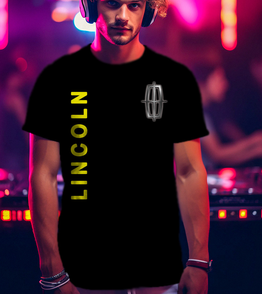 Lincoln Logo Vertical Yellow Text Black T-Shirt