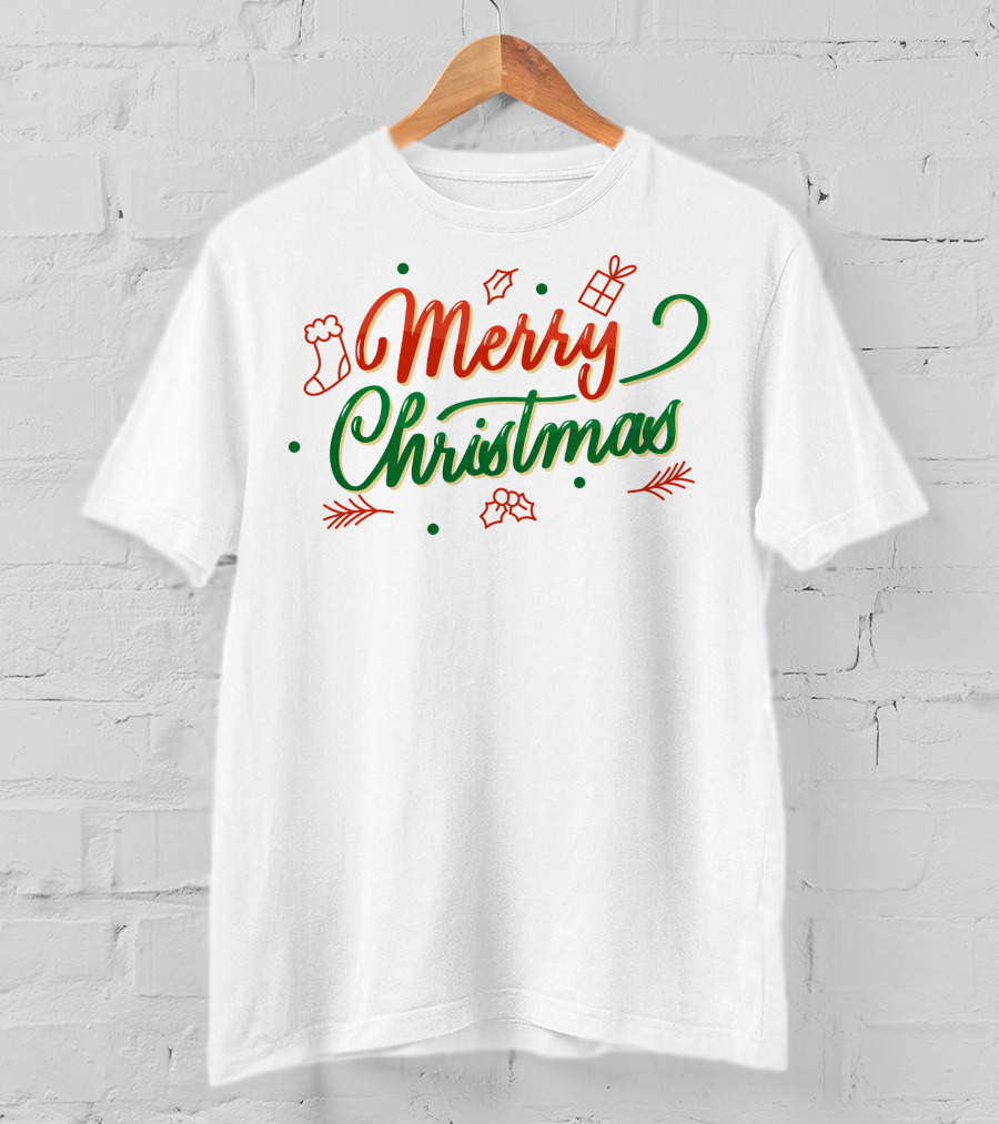 Merry Christmas Stocking Holly Leaves And Gift Icons T-Shirt