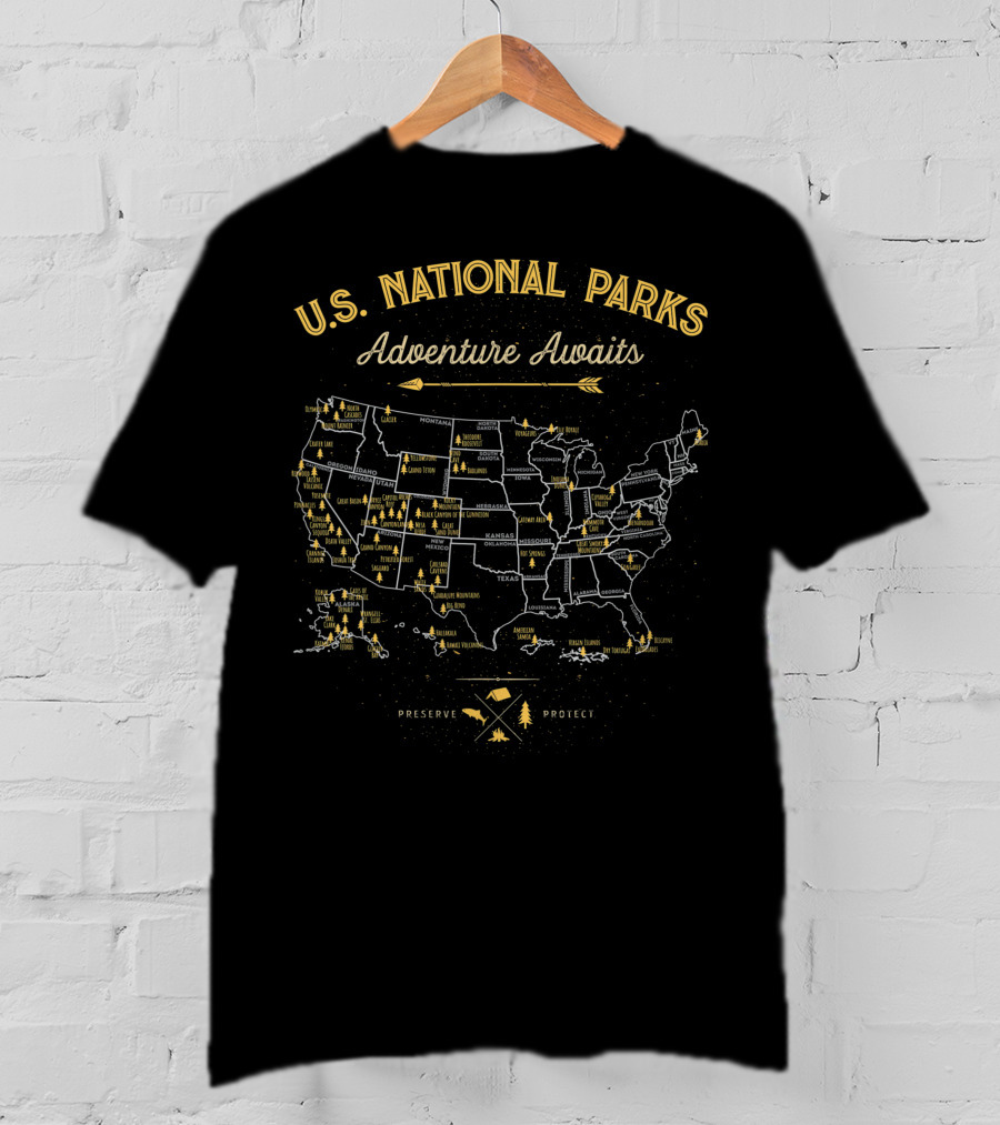 U.S. National Parks Adventure Awaits Preserve Protect Map Vintage Camping Hiking T-Shirt