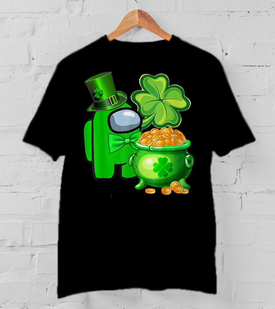 Among Us Green Character With Shamrock Hat And Pot Of Gold St Patrick's Day T-Shirt