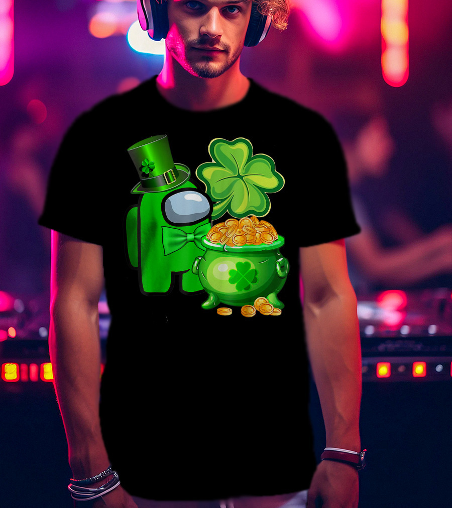 Among Us Green Character With Shamrock Hat And Pot Of Gold St Patrick's Day T-Shirt