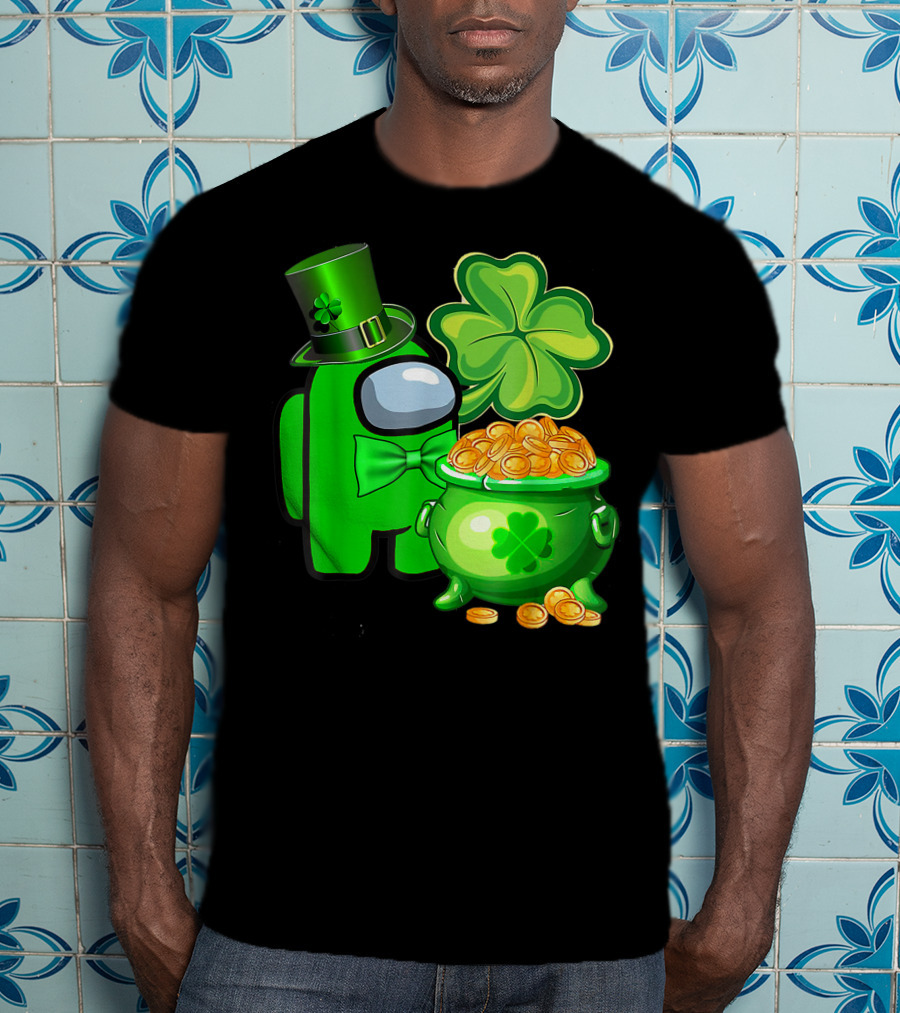 Among Us Green Character With Shamrock Hat And Pot Of Gold St Patrick's Day T-Shirt
