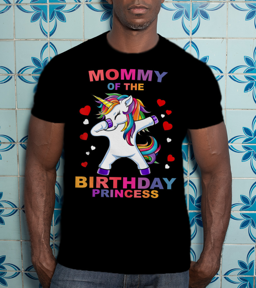 Mommy Of The Birthday Princess Unicorn Girl Dabbing With Hearts T-Shirt