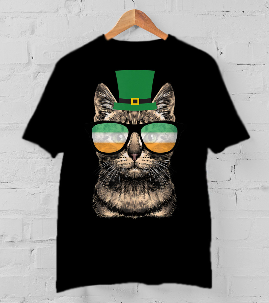St Patrick's Day Cat Kitty Wearing Irish Green Hat And Glasses T-Shirt