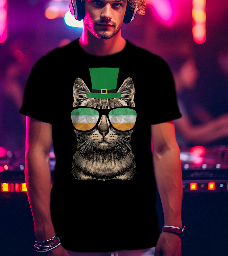 St Patrick's Day Cat Kitty Wearing Irish Green Hat And Glasses T-Shirt