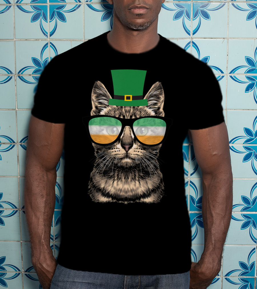 St Patrick's Day Cat Kitty Wearing Irish Green Hat And Glasses T-Shirt