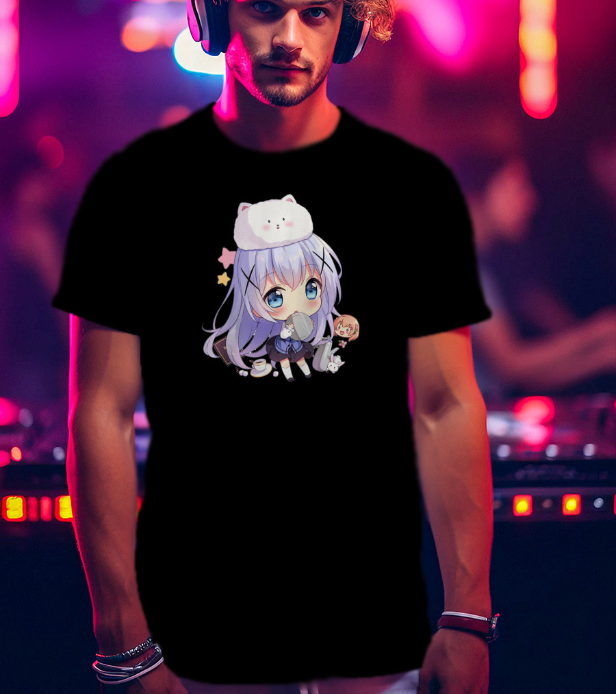 Hitsu Chibi Style Japanese Anime Character With Cat Hat And Stars T-Shirt