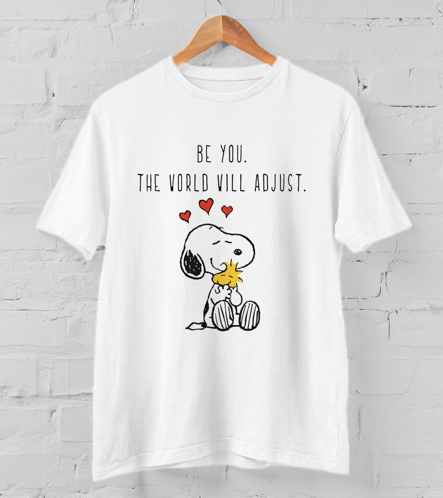 Be You The World Will Adjust Snoopy Woodstock Hearts Hug T-Shirt