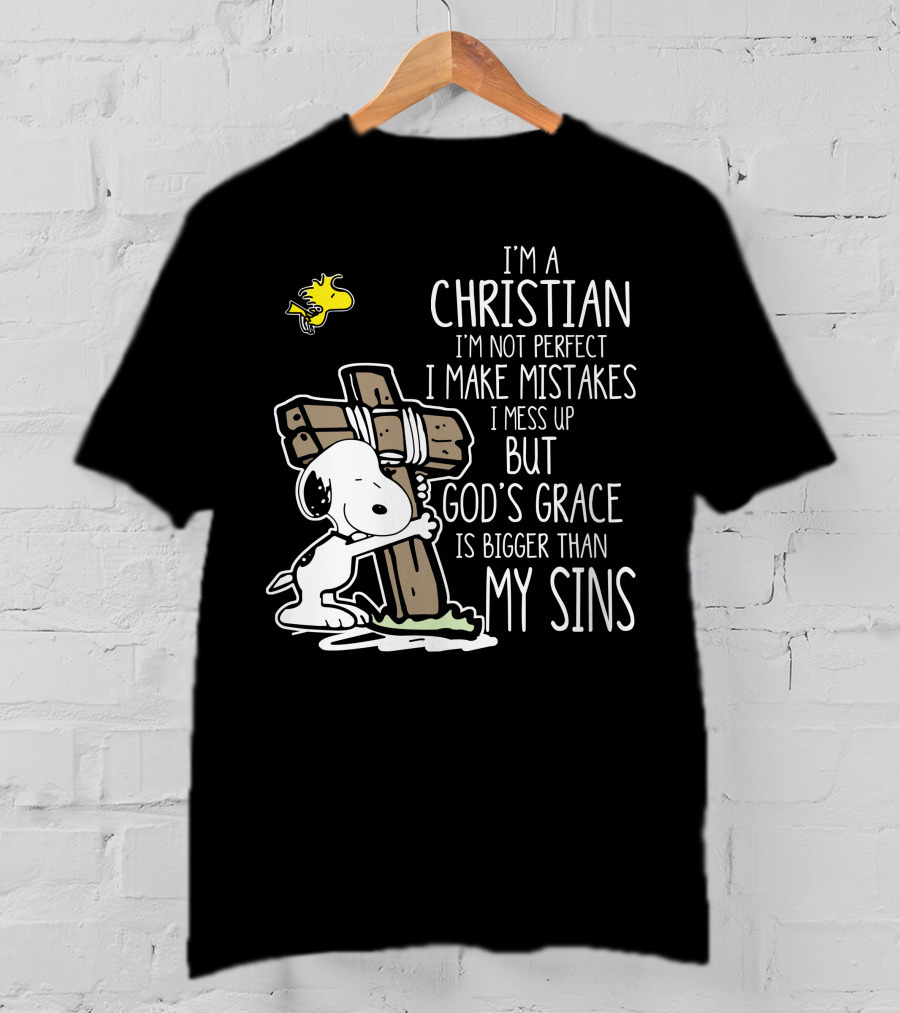 I'm A Christian God's Grace Bigger Than My Sins Snoopy Hugging Cross T-Shirt