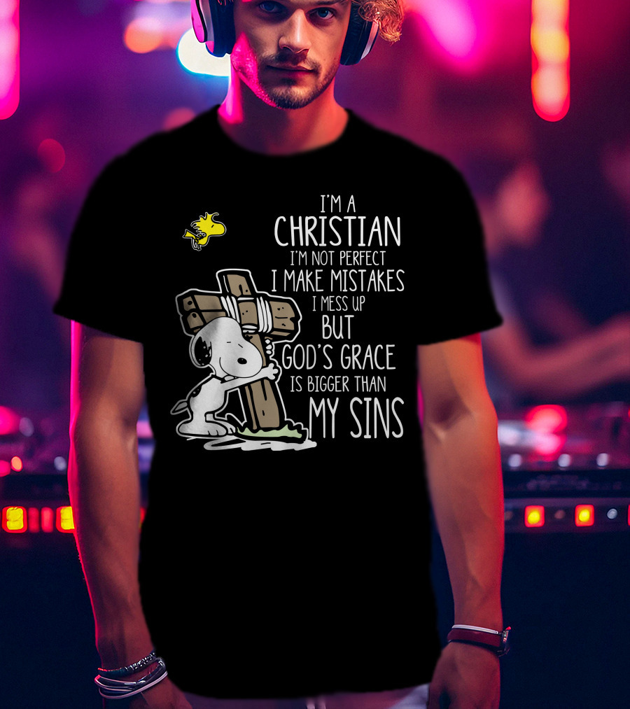 I'm A Christian God's Grace Bigger Than My Sins Snoopy Hugging Cross T-Shirt