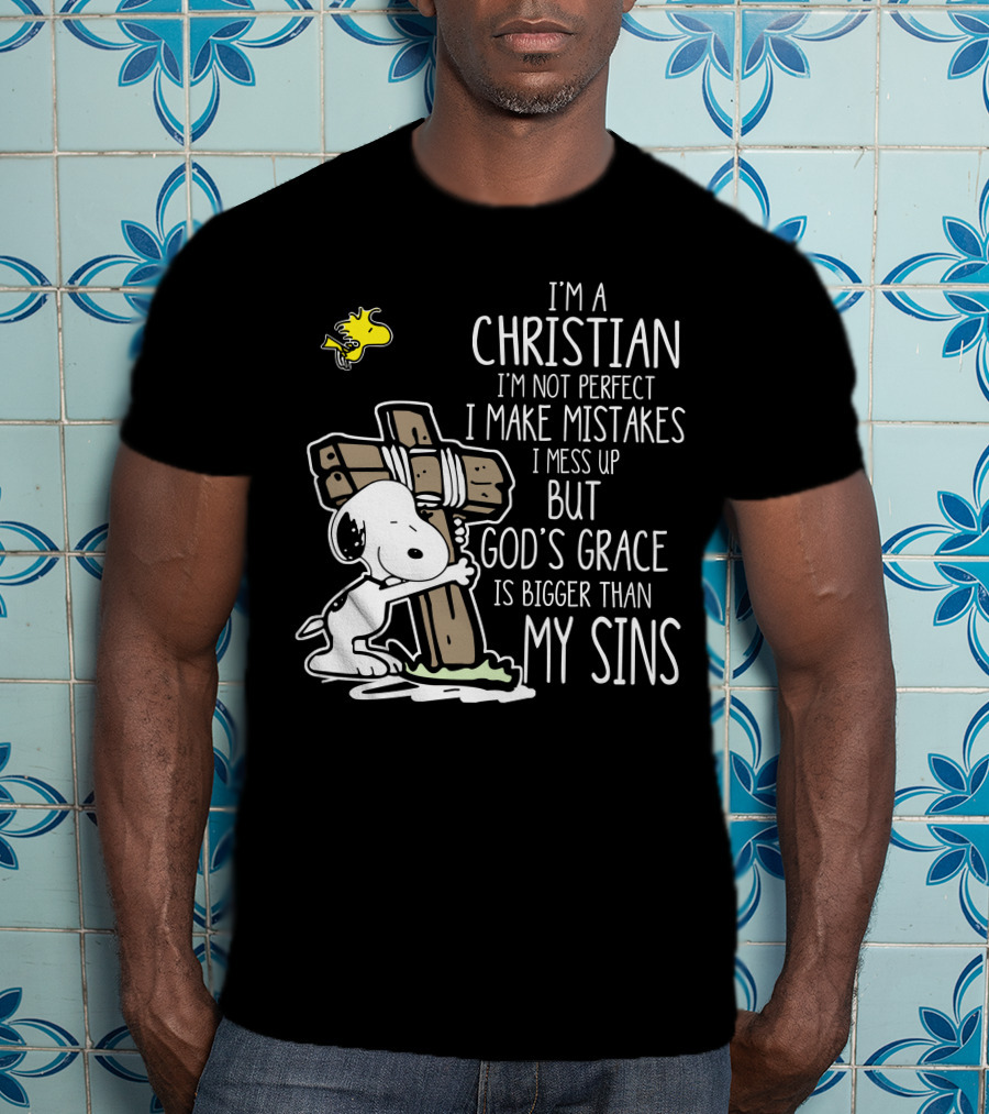 I'm A Christian God's Grace Bigger Than My Sins Snoopy Hugging Cross T-Shirt