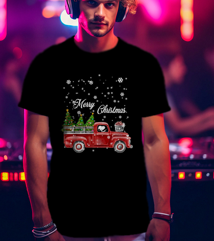 Merry Christmas Red Truck With Christmas Trees And Snowflakes T-Shirt