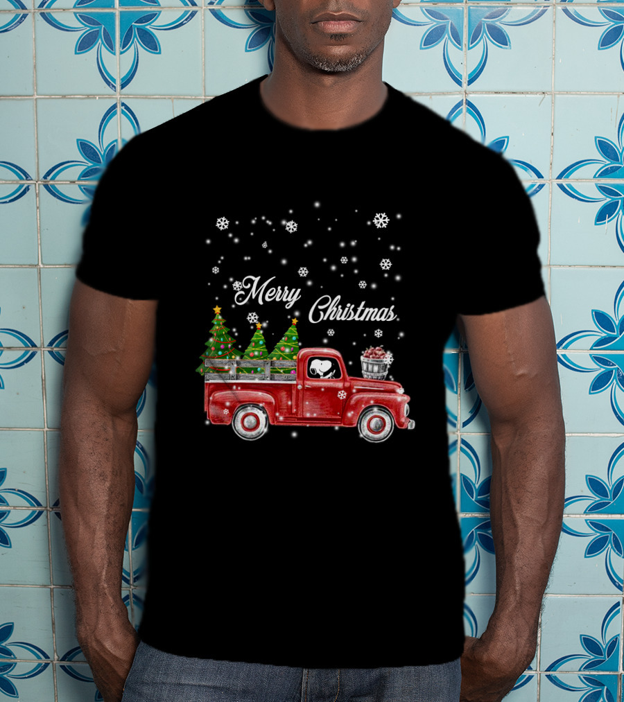 Merry Christmas Red Truck With Christmas Trees And Snowflakes T-Shirt