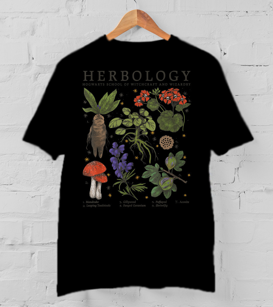 Herbology Hogwarts School Of Witchcraft And Wizardry Mandrake Gillyweed Puffapod Aconite Leaping Toadstools Stinksap Strangler Fig T-Shirt