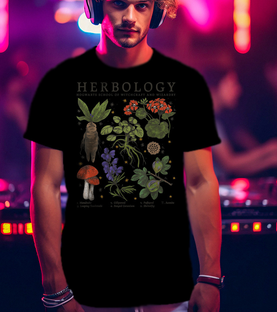 Herbology Hogwarts School Of Witchcraft And Wizardry Mandrake Gillyweed Puffapod Aconite Leaping Toadstools Stinksap Strangler Fig T-Shirt