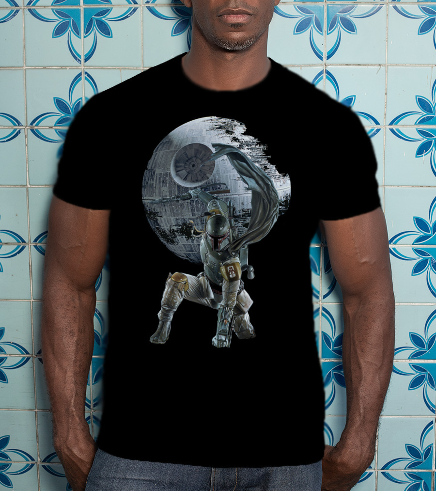 Boba Fett Striking Pose With Death Star Backdrop T-Shirt