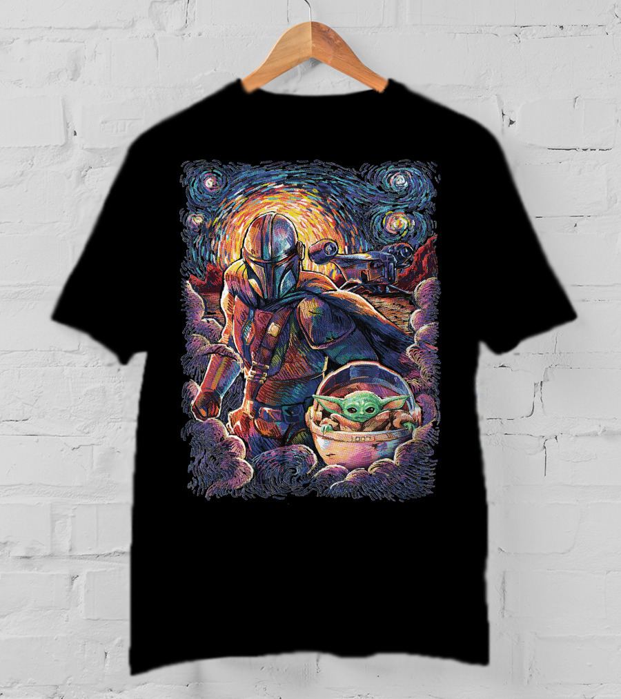 Mandalorian And Grogu Starry Night Art Style T-Shirt