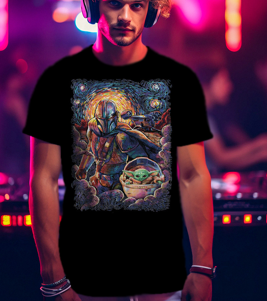 Mandalorian And Grogu Starry Night Art Style T-Shirt