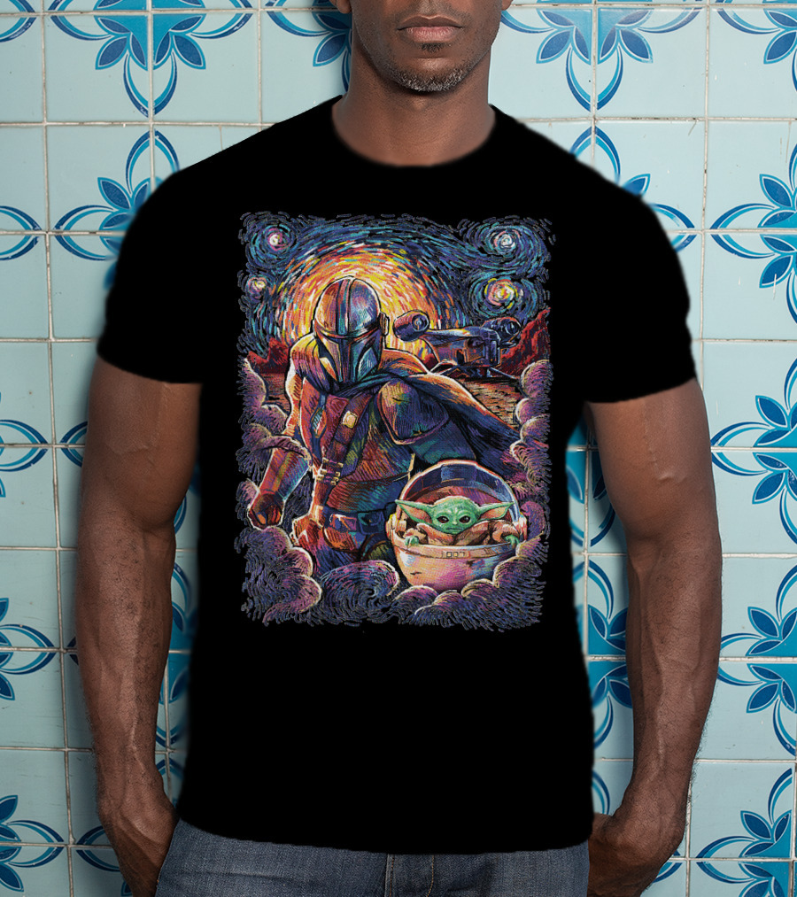 Mandalorian And Grogu Starry Night Art Style T-Shirt