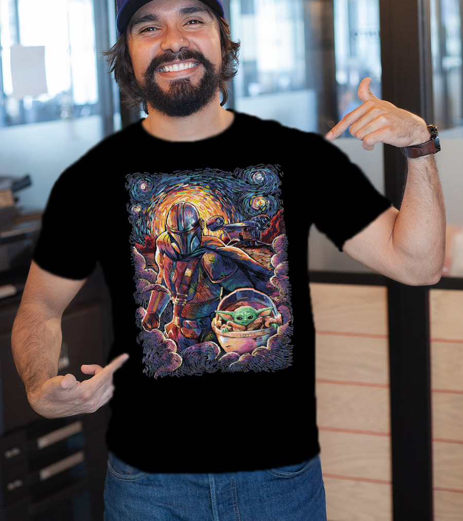 Mandalorian And Grogu Starry Night Art Style T-Shirt