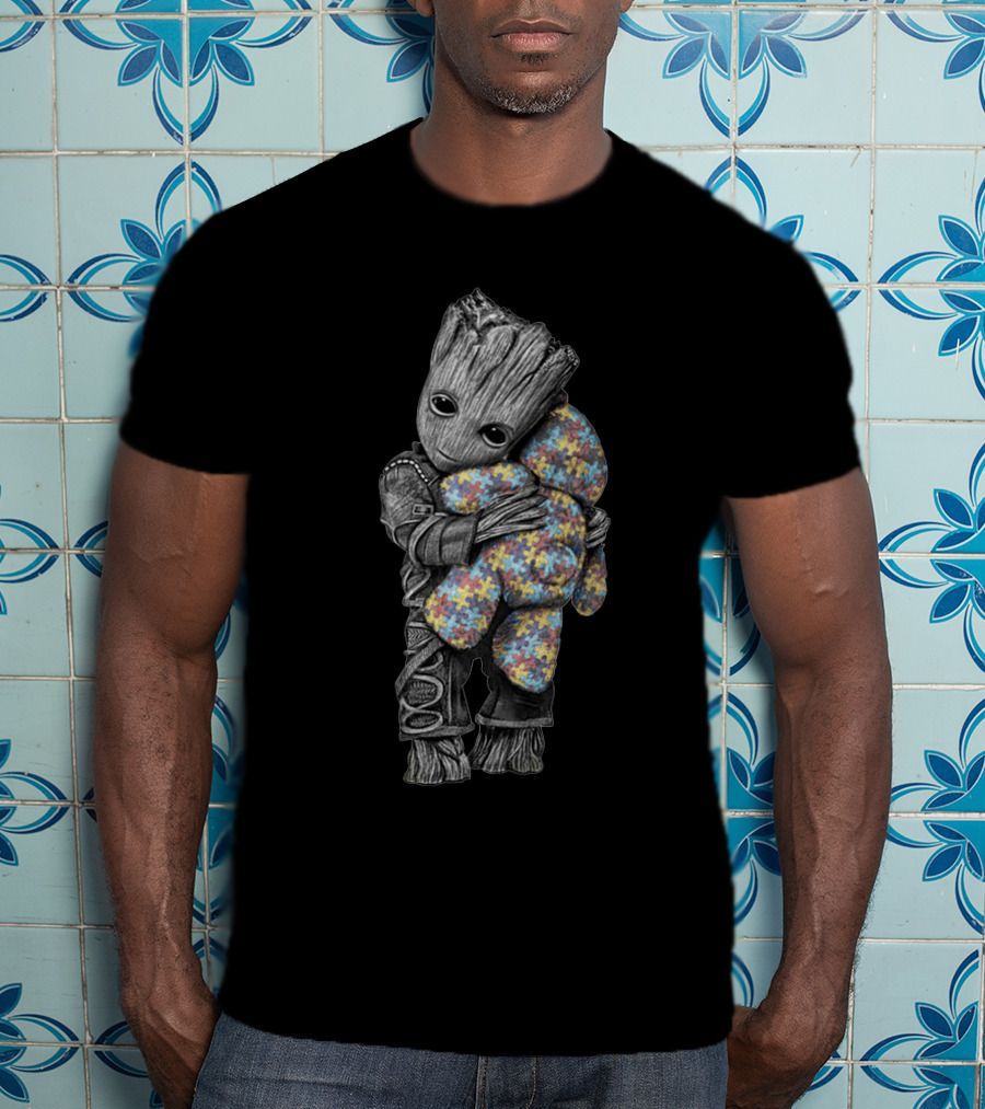 Groot Hugging Puzzle Piece Patterned Bear T-Shirt