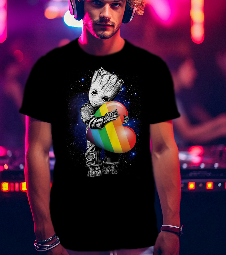 Only Today Groot Hugging Rainbow Heart In Galactic Space Theme T-Shirt