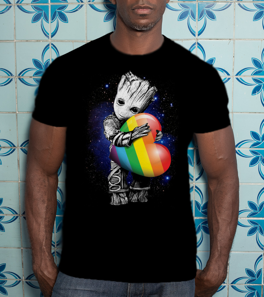 Only Today Groot Hugging Rainbow Heart In Galactic Space Theme T-Shirt