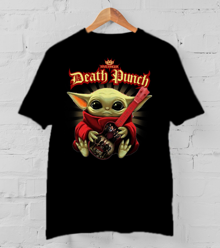 Five Finger Death Punch Baby Yoda Holding Red Guitar T-Shirt