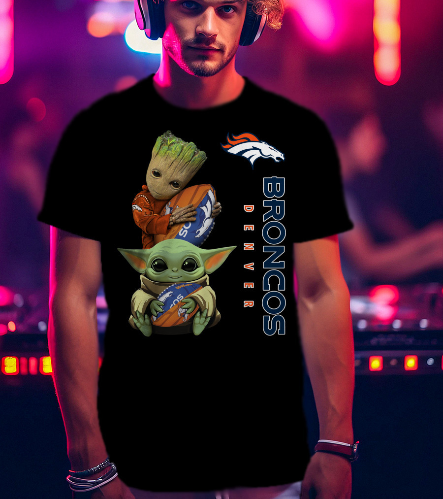 Denver Broncos Baby Yoda And Groot Holding Footballs T-Shirt