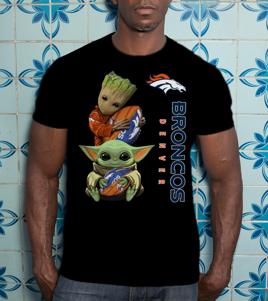 Denver Broncos Baby Yoda And Groot Holding Footballs T-Shirt