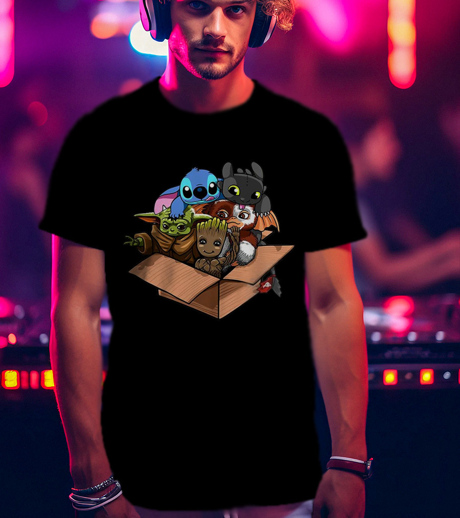 Baby Characters In Box Yoda Groot Stitch Toothless Gizmo T-Shirt