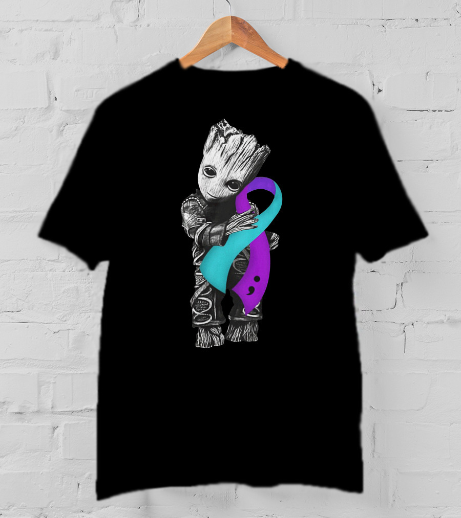 Groot Hugging Semicolon Suicide Prevention Awareness Ribbon T-Shirt