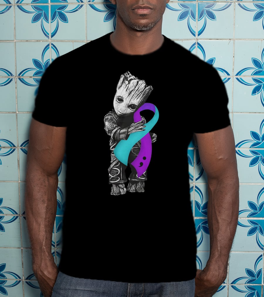Groot Hugging Semicolon Suicide Prevention Awareness Ribbon T-Shirt