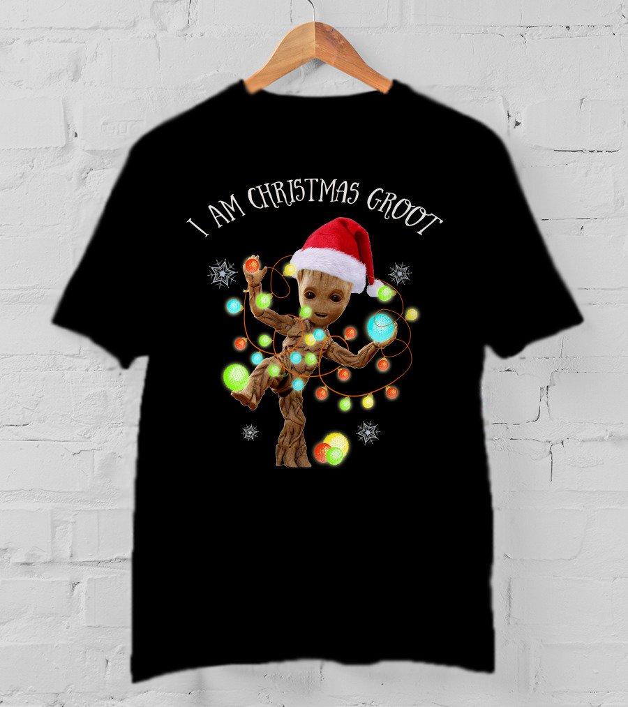 I Am Christmas Groot Holiday Edition With Santa Hat And Lights T-Shirt