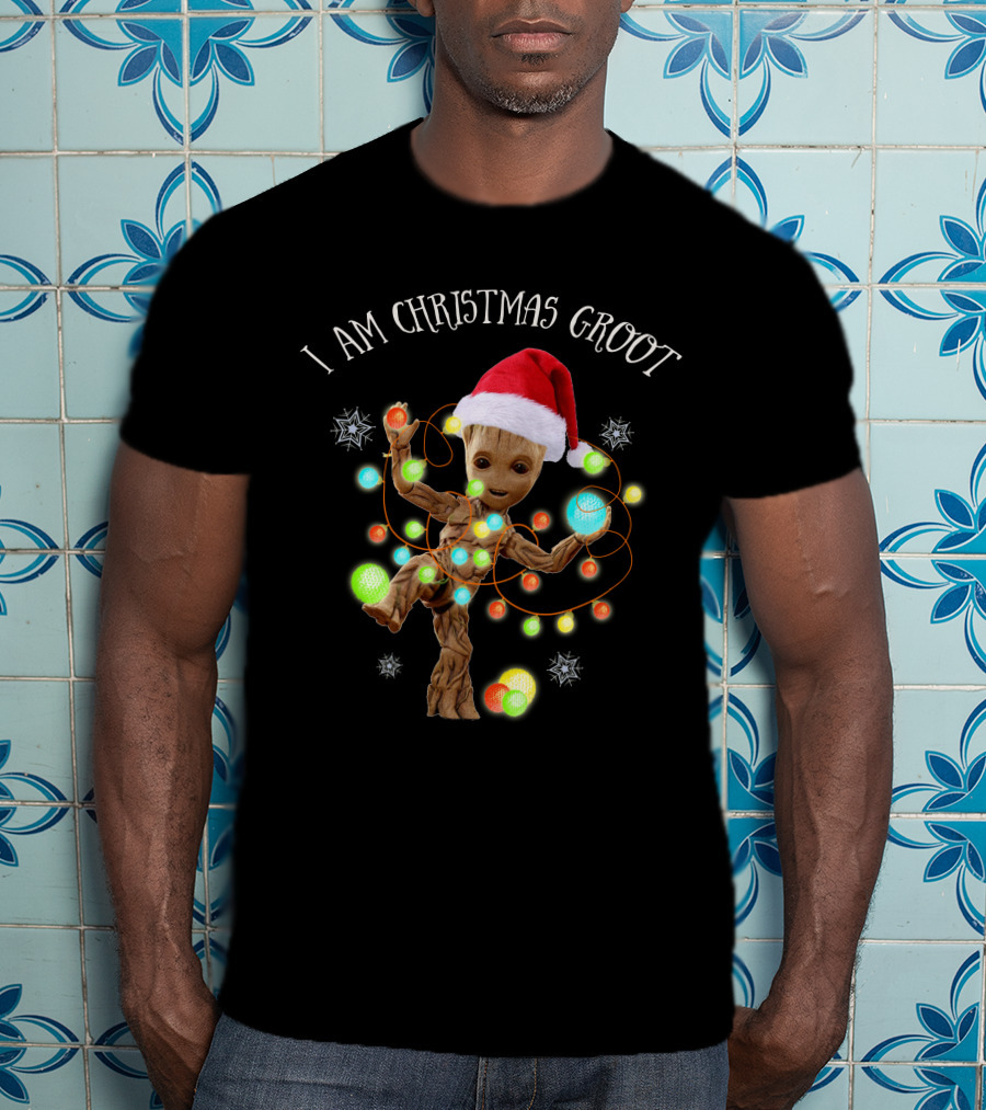 I Am Christmas Groot Holiday Edition With Santa Hat And Lights T-Shirt