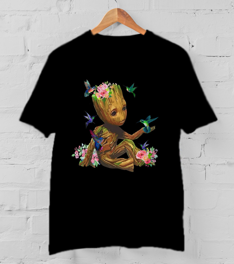 Baby Groot With Flowers And Hummingbirds T-Shirt