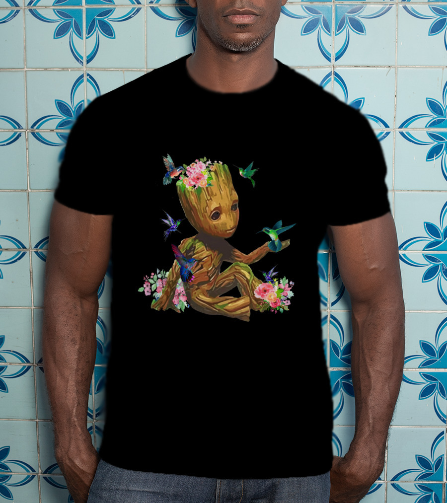 Baby Groot With Flowers And Hummingbirds T-Shirt