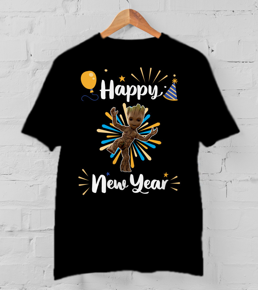 Happy New Year Groot Celebration With Party Hat And Balloon T-Shirt