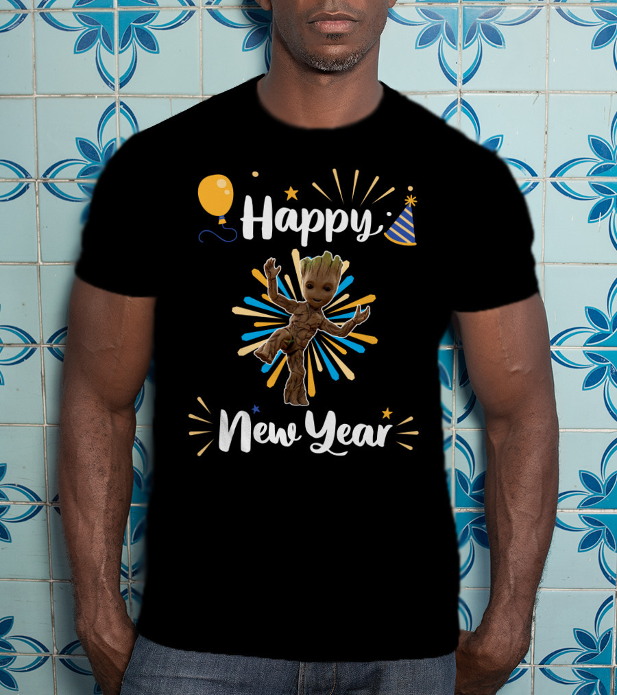Happy New Year Groot Celebration With Party Hat And Balloon T-Shirt