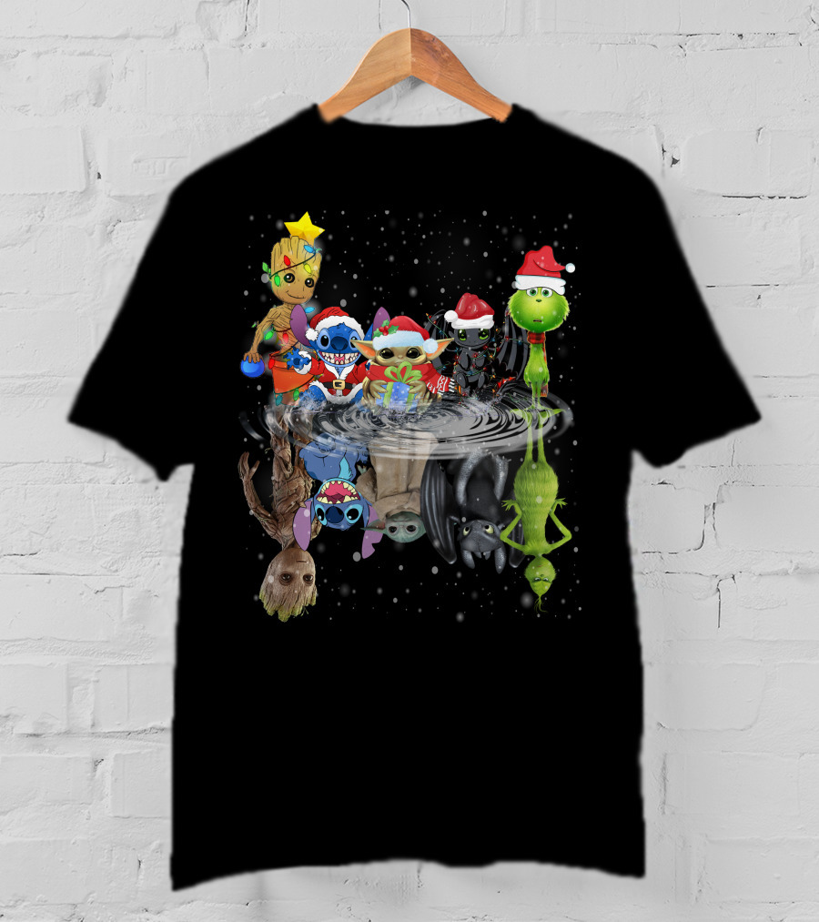 Groot Stitch Yoda Grinch Christmas Reflection T-Shirt
