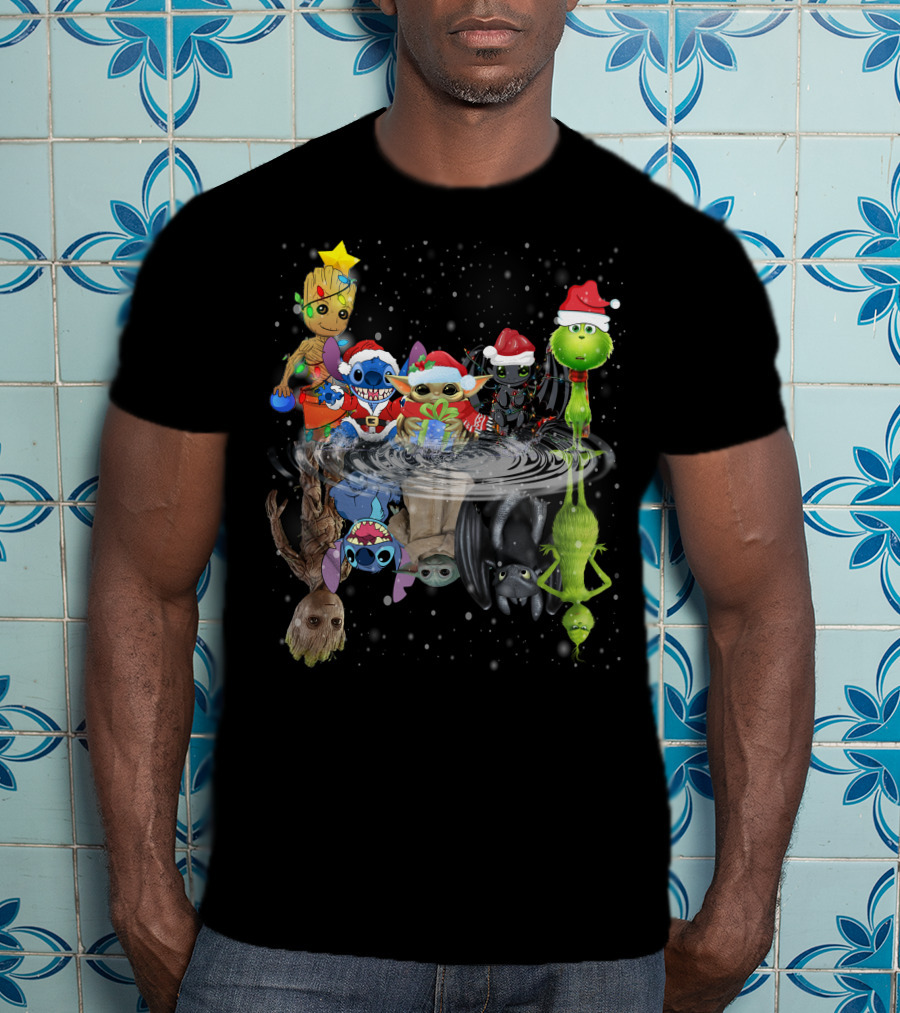 Groot Stitch Yoda Grinch Christmas Reflection T-Shirt