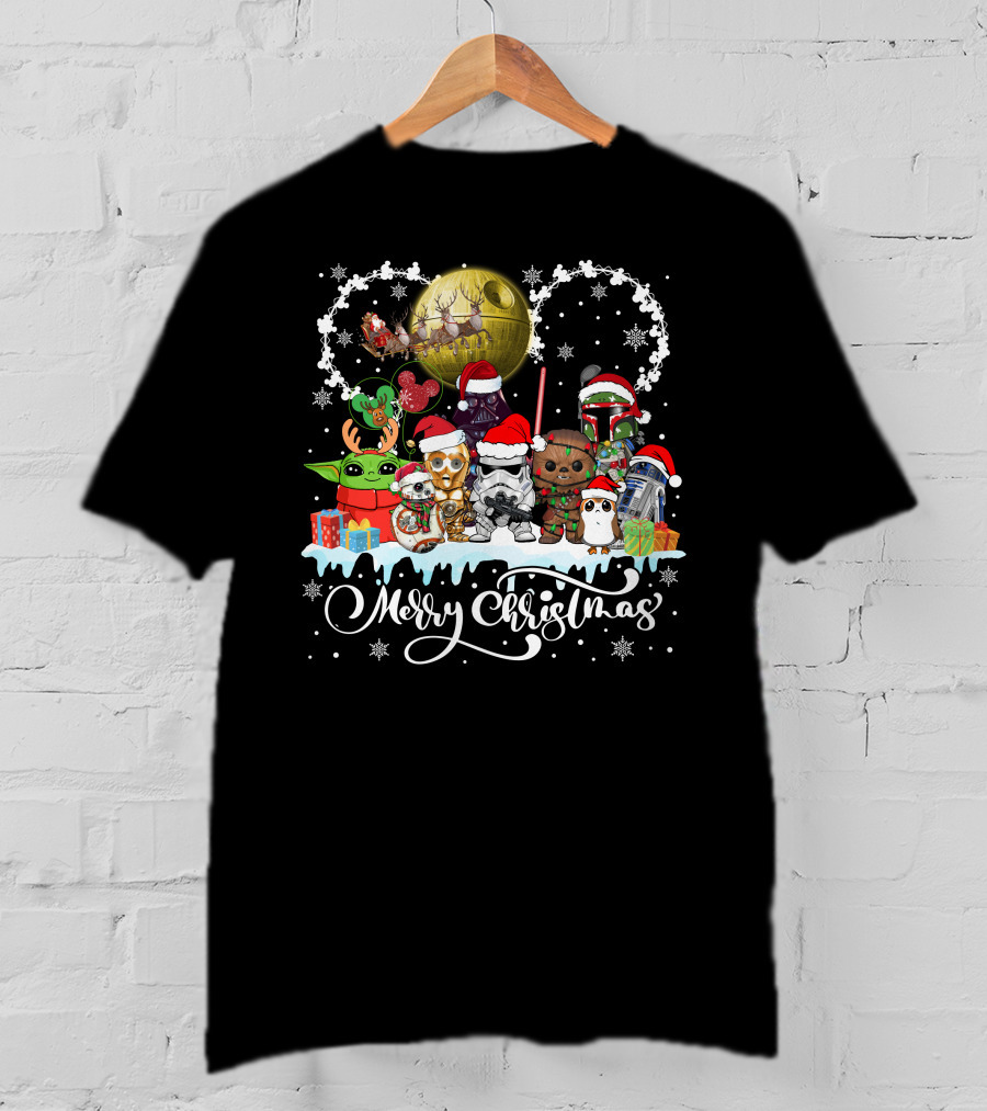 Merry Christmas Star Warss Characters Santa Hats Snowflakes T-Shirt