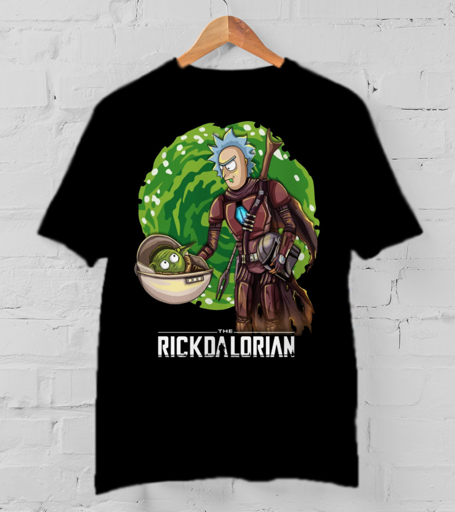 The Rickdalorian With Green Portal Background And Baby Alien Character T-Shirt
