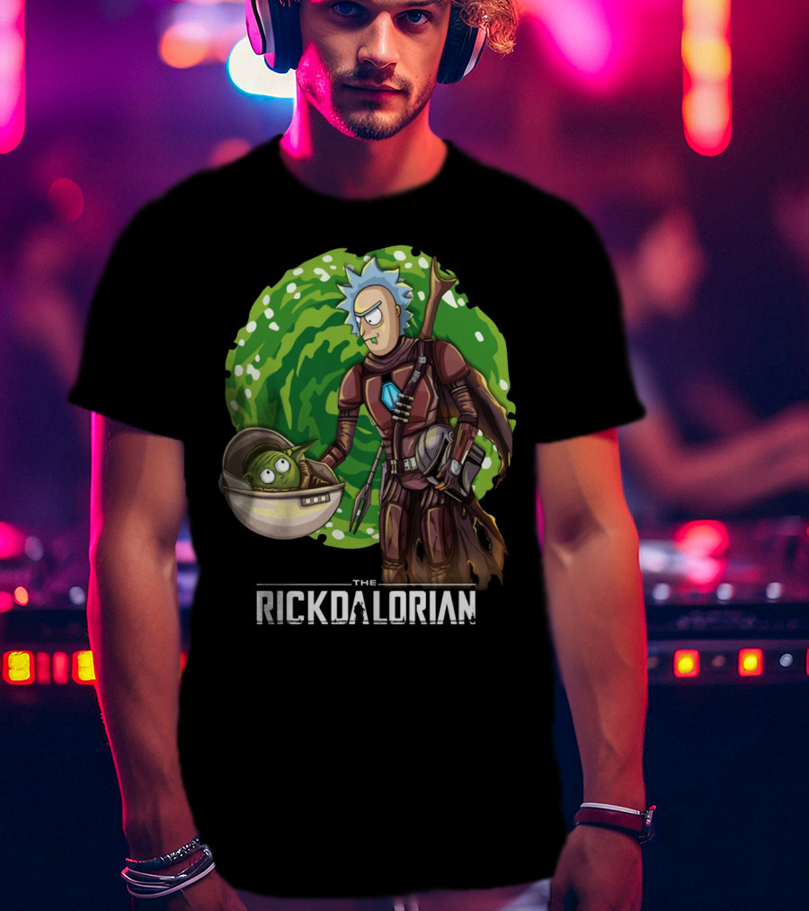 The Rickdalorian With Green Portal Background And Baby Alien Character T-Shirt