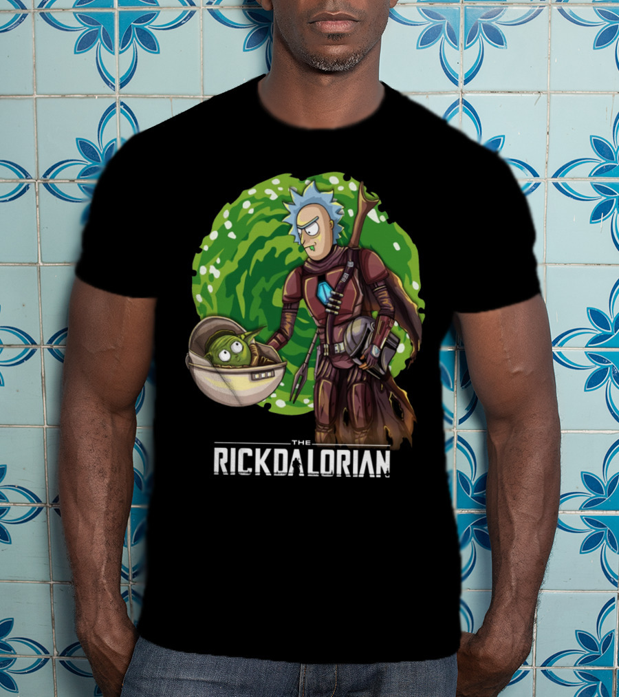 The Rickdalorian With Green Portal Background And Baby Alien Character T-Shirt